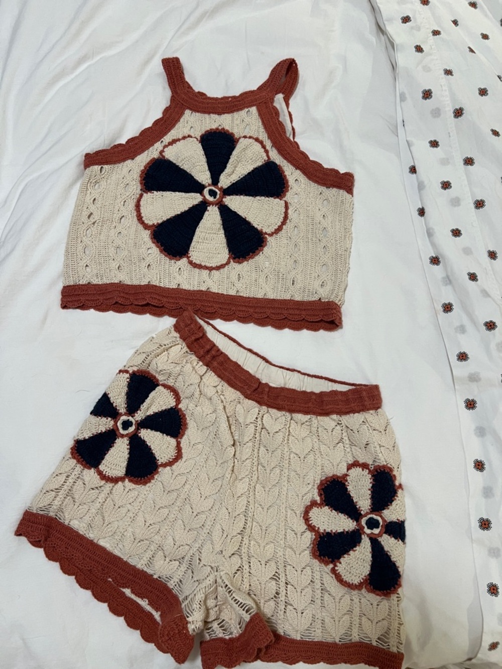 Kids Cream Knit Flower Matching Set with Rust Trim